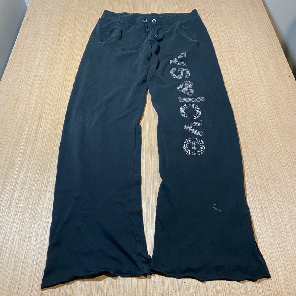 Victorias Secret VS Love Rhinestone Sweatpants Black Wide Leg Lounge Pants Med